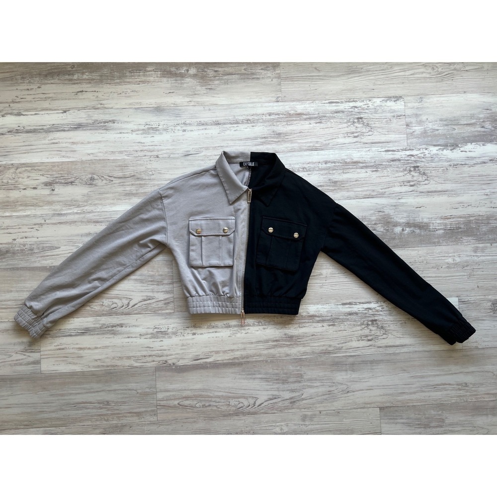 Capsulle Two Tone Colorblock Cropped Utility Jacket Black Grey CC50410 Women M